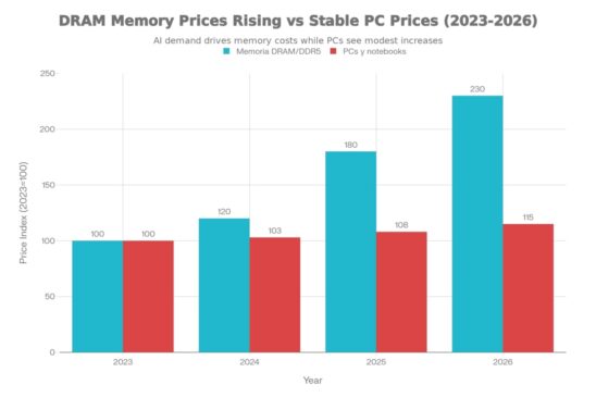 Evolución comparada del índice de precios de memoria DRAM/DDR5 vs PCs y notebooks (2023=100)