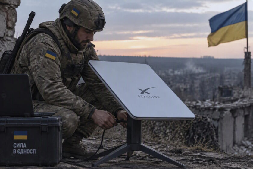 representación de soldado ucraniano con antena starlink